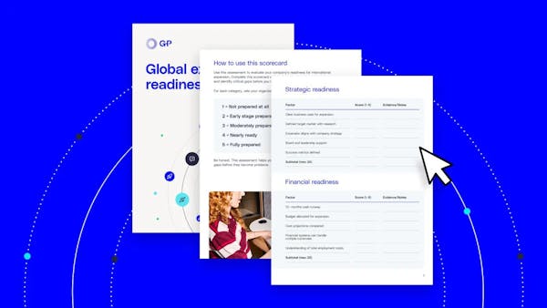 eBook cover for "The Global Expansion Playbook" by GP. A blue design features two people talking in a central circle, surrounded by icons. Subtitle: "A practical framework for executive teams