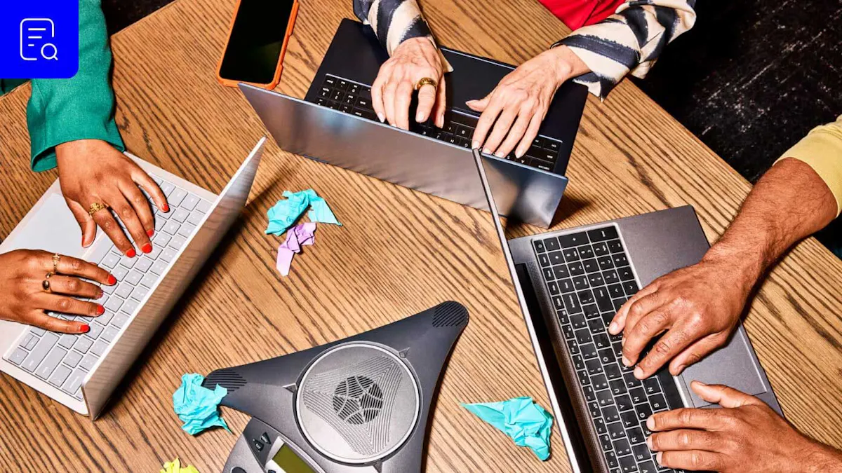  a group of people gathered around a wooden table, each using a laptop