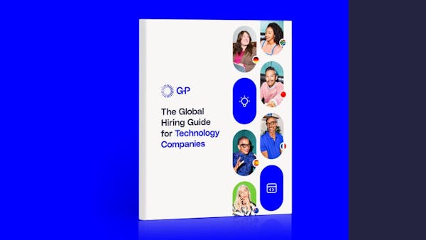 Cover of "The Global Hiring Guide for Technology Companies" by GP. Features a clean blue and white design with circular portraits of diverse professionals and flag icons, symbolizing international recruitment strategies for tech firms.