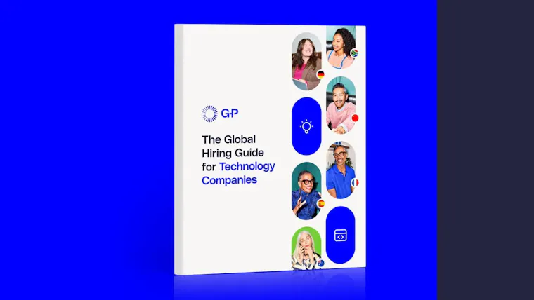 Cover of "The Global Hiring Guide for Technology Companies" by GP. Features a professional blue and white design with circular portraits of individuals paired with global flags, representing international hiring strategies for tech companies.