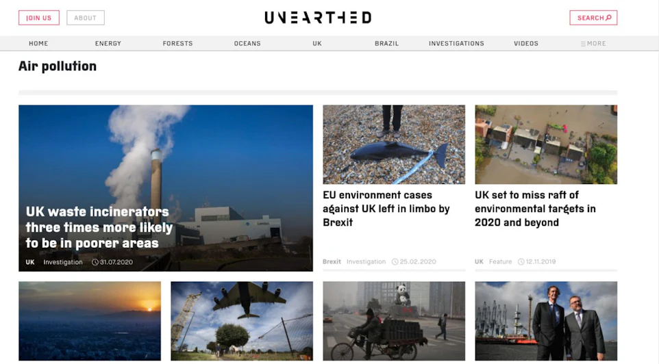 This image shows a webpage from the "Unearthed" website, focusing on the topic of air pollution