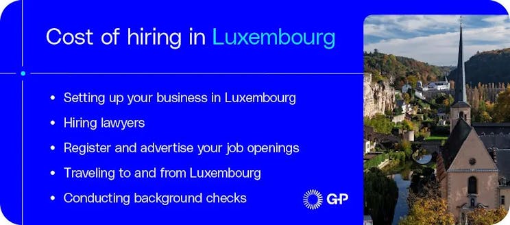 Cost of hiring in  Luxembourg such as setting up business, hiring lawyers, posting jobs, travel, and background checks.