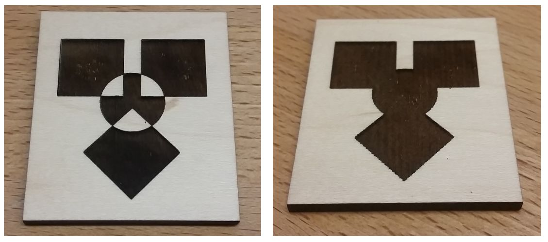 Two laser engraved pieces of wood. One excludes areas where shapes overlap, the other doesn't