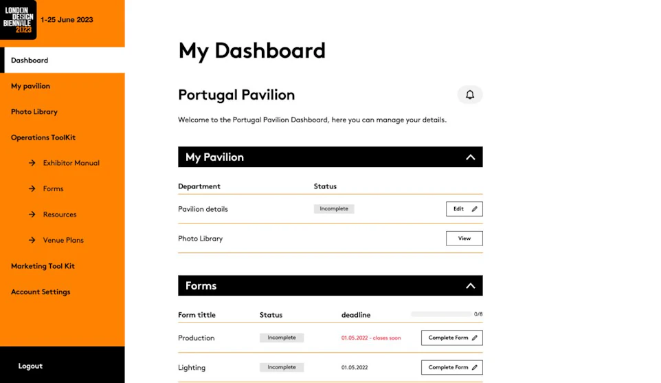 A dashboard interface titled "My Dashboard" for managing details related to the Portugal Pavilion