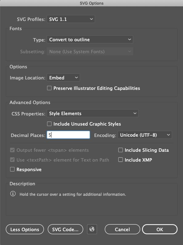 Screenshot of the SVG options window in Illustrator