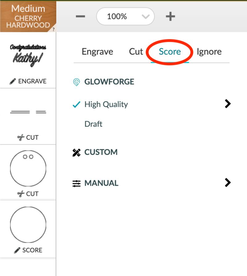 A screenshot of the print settings window in the Glowforge App, with the Score button highlighted.