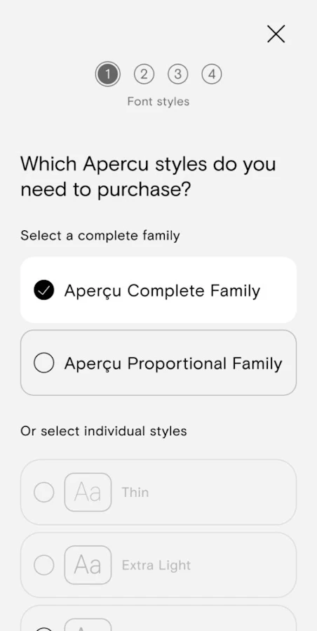 A user interface screen with a heading asking "Which Aperçu styles do you need to purchase?"