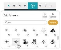 A screenshot showing using the + button and search feature to select clipart of a bee in the Glowforge App