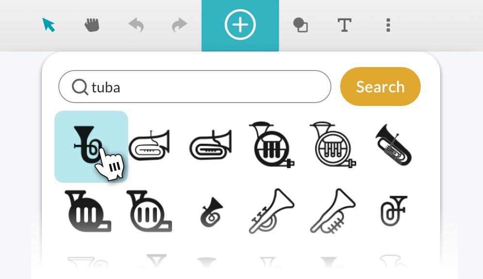 A screenshot showing using the + button and search feature to select clipart of a tuba in the Glowforge App
