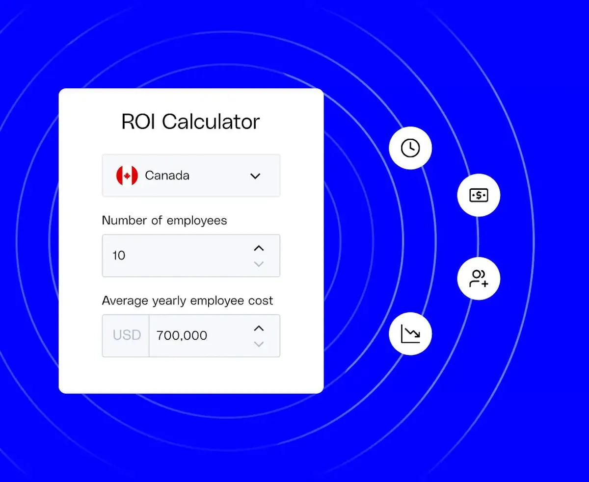ROI Calculator hero image with mock input fields and business icons on a blue circular background​​ 
