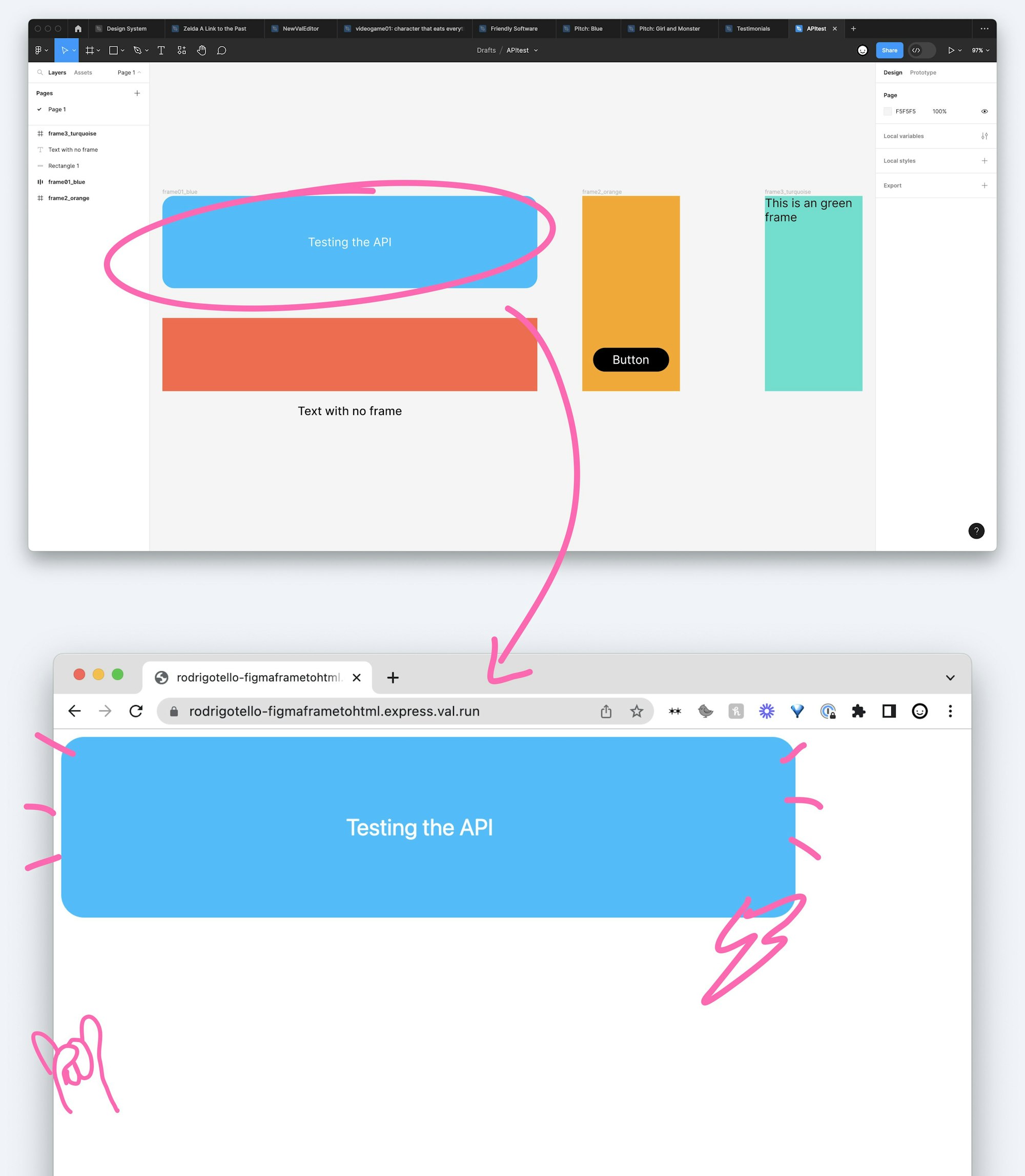 An image of a screenshot of Figma the visual design software and a browser, showing how something drawn in Figma can be rendered individually in the browser
