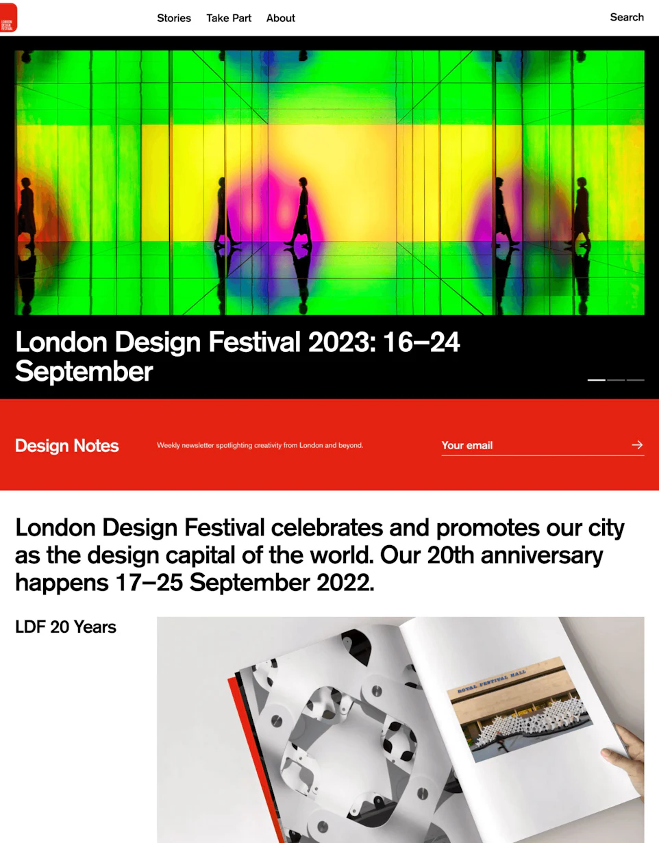 A promotional webpage for the London Design Festival, celebrating its 20th anniversary from 17-25 September 202
