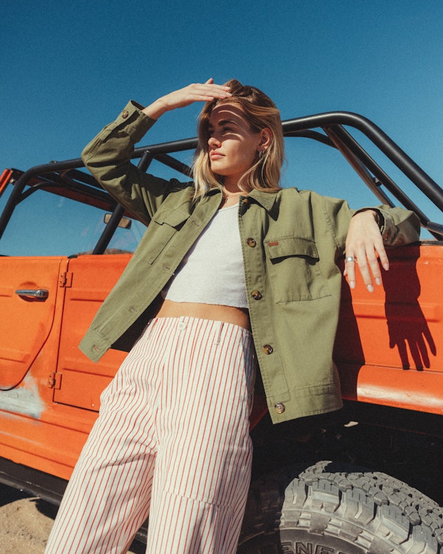 Spring is a State of Mind: Surplus in Paradise - Women Military Olive Jacket and Aloha Red Vancouver Pant